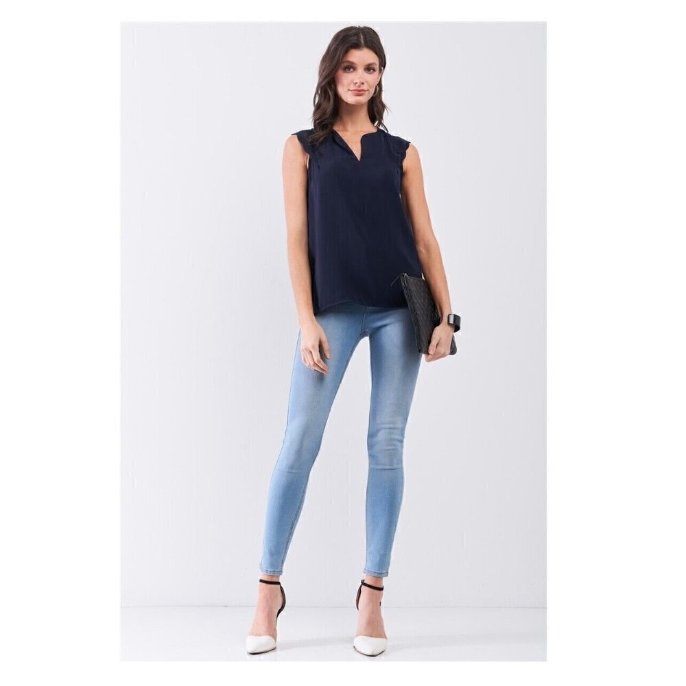 Womens Tank Top Navy Slit Neckline Scallop Hem Shoulder Loose Fit Sugar Lips NEW - Picture 2 of 4